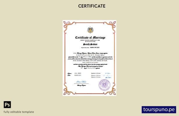 listo para imprimir certificado de matrimonio de Sudán del Sur Plantilla en Word